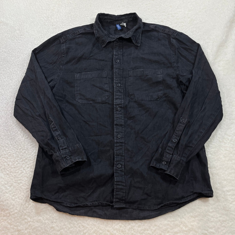 H&M Divided Button Up Shirt Mens Large Black Denim Style Utility Dual Pocket